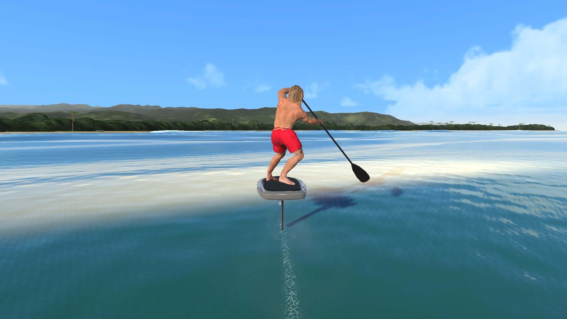 The rider paddling up onto foil over sandy shallows on the Tourist Bay route in Voyager