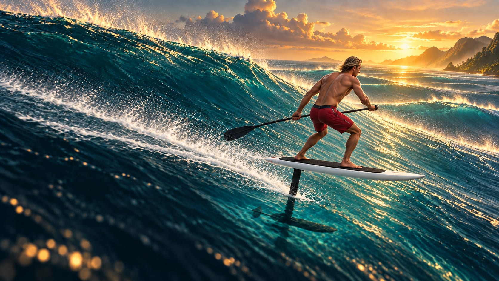 Concept art: a rider in red shorts foils across a Hawaiian swell on a stand-up paddle board, nose first, with a long wake behind him
