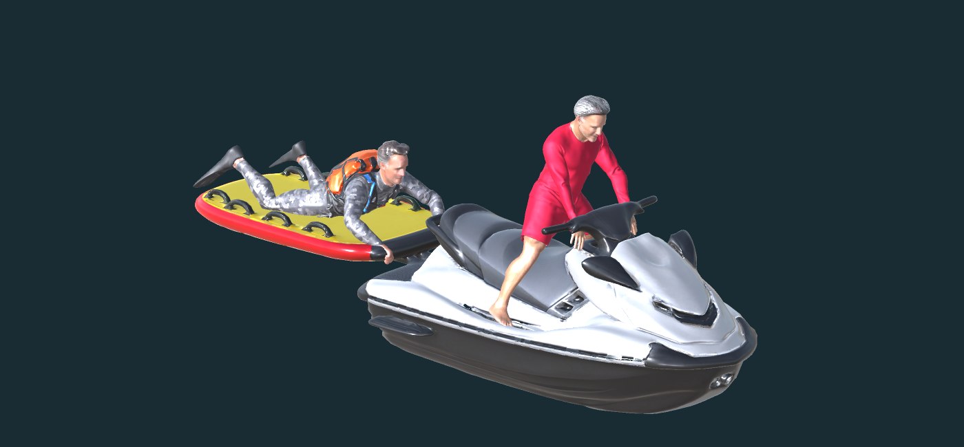 Vincent driving a white jet ski with a fins-equipped lifeguard on the rescue sled