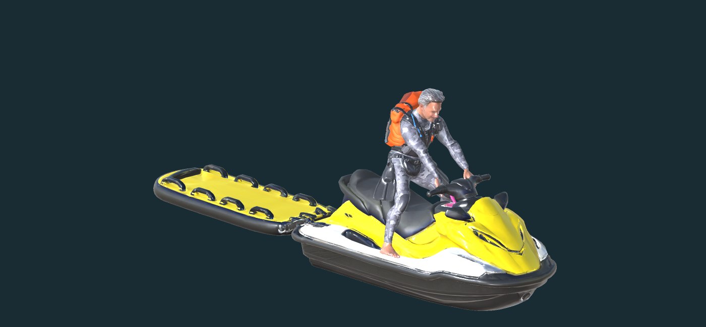 Duke driving the yellow jet ski with an empty rescue sled